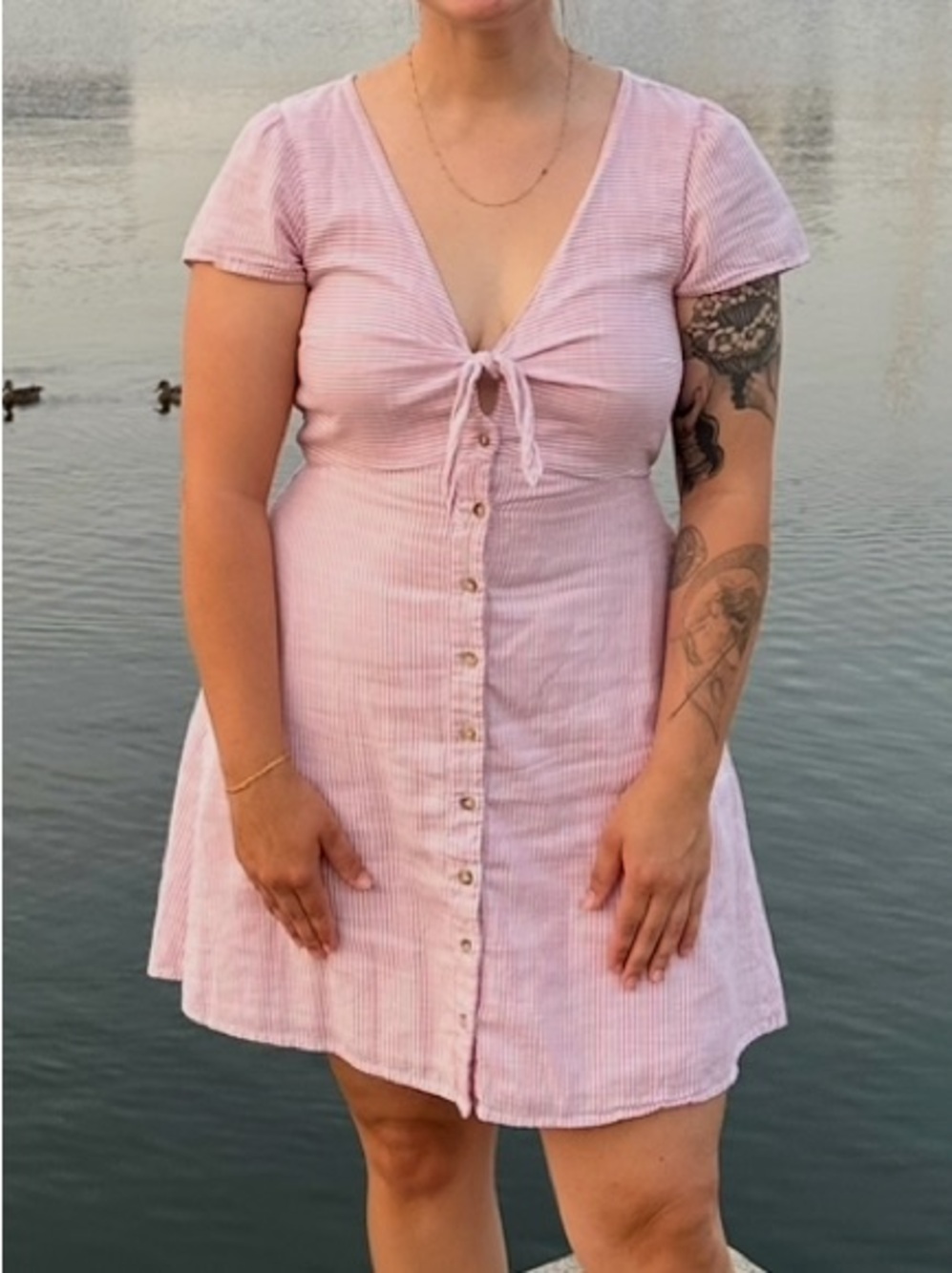 Abercrombie & Fitch Knot Button Front Dress Striped Pink White Size Medium